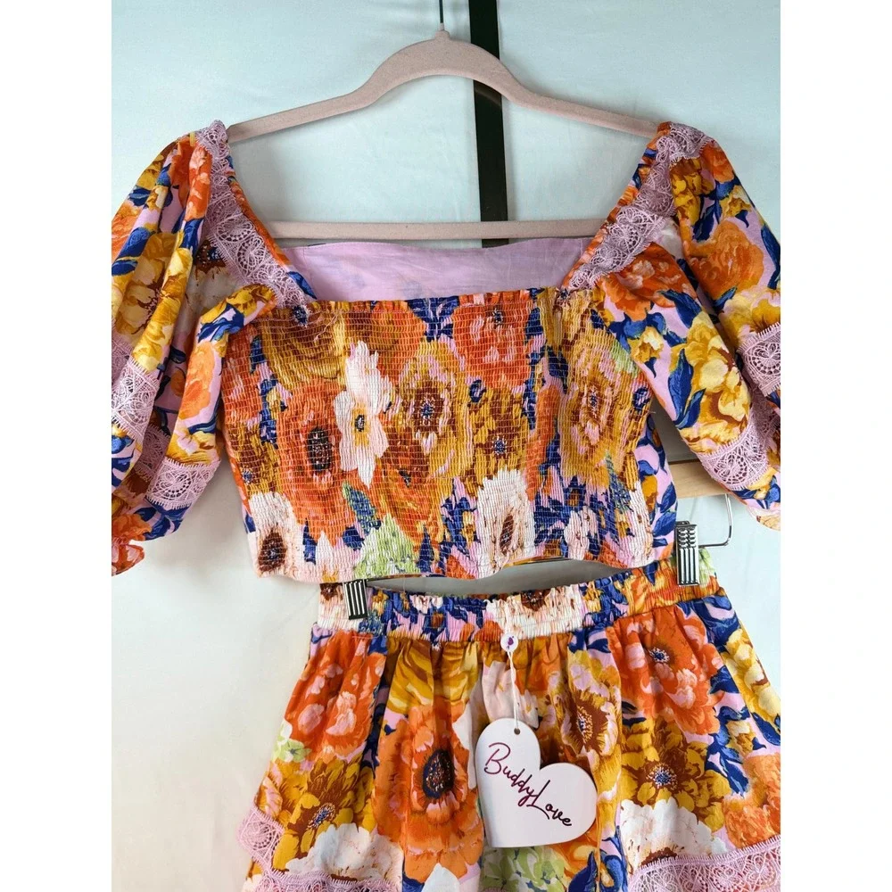 Buddy Love Girls Floral 2 Piece Set Orange Pink Lace Tiered Skirt Crop Top Sz 14